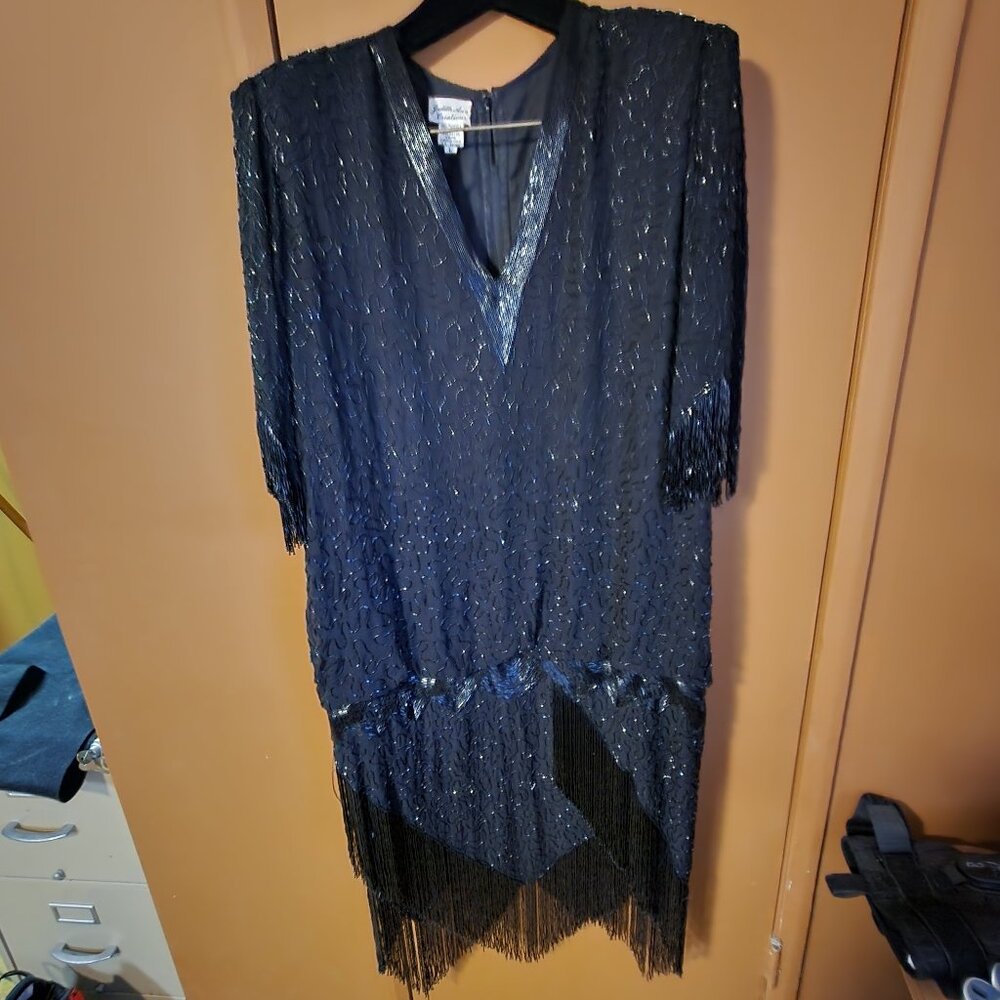 Jet Black Beaded Vintage Judith Ann Creations 100% Silk Size L